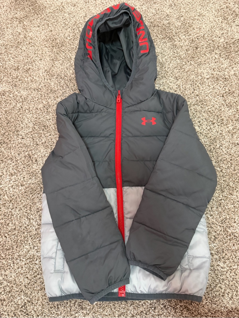 Under Armour Kids Gray Jacket with Red Accents Hooded Puffer